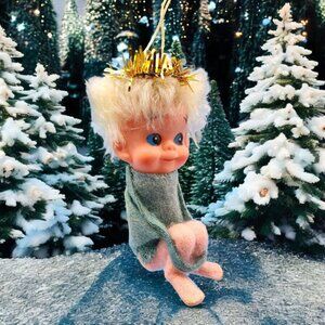 Vintage Napco Pixie Elf Knee Hugger Ornament Tinsel Angel Halo Green Felt Blue